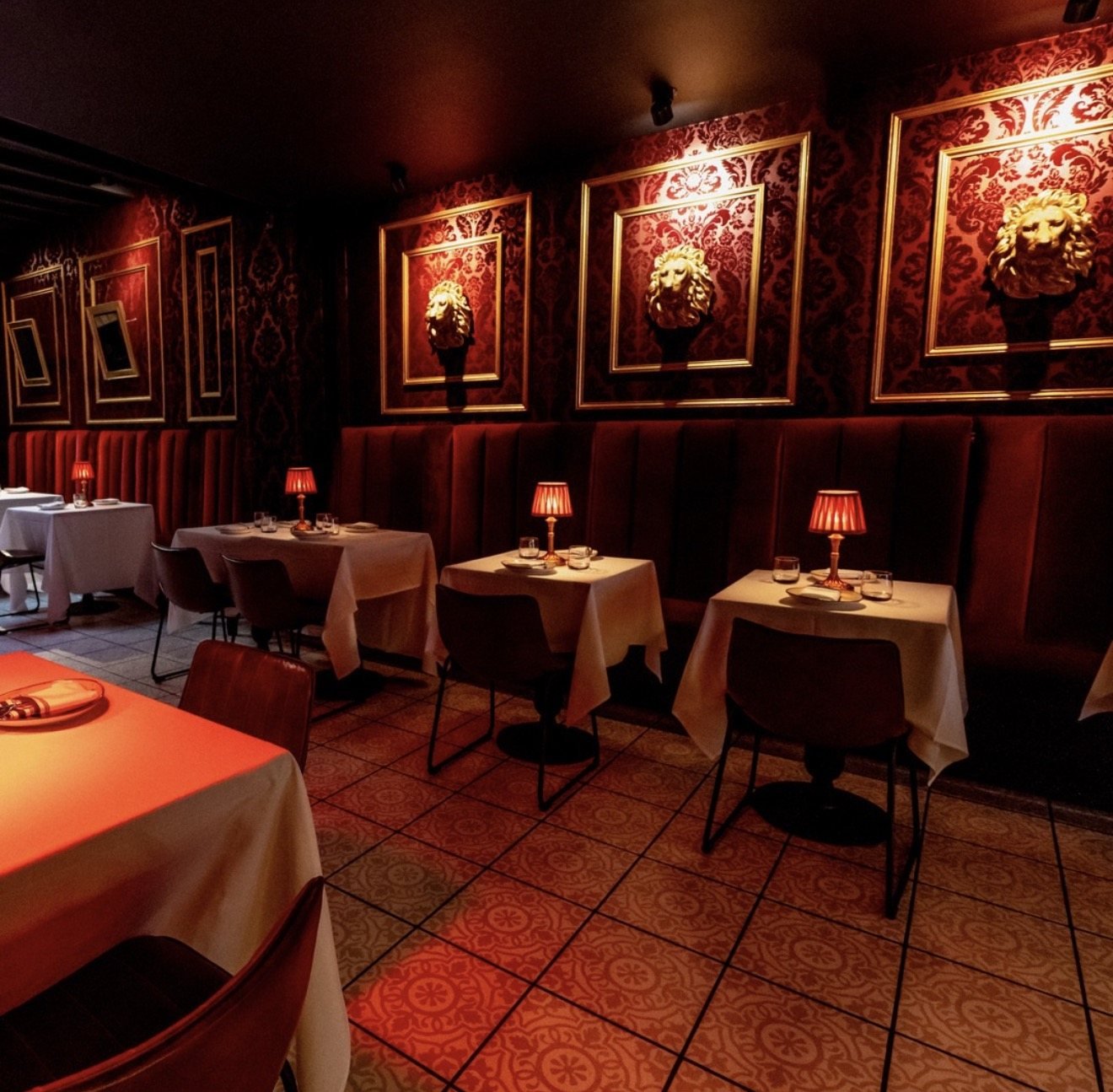 Andrew Steak Society's red damask dining room
