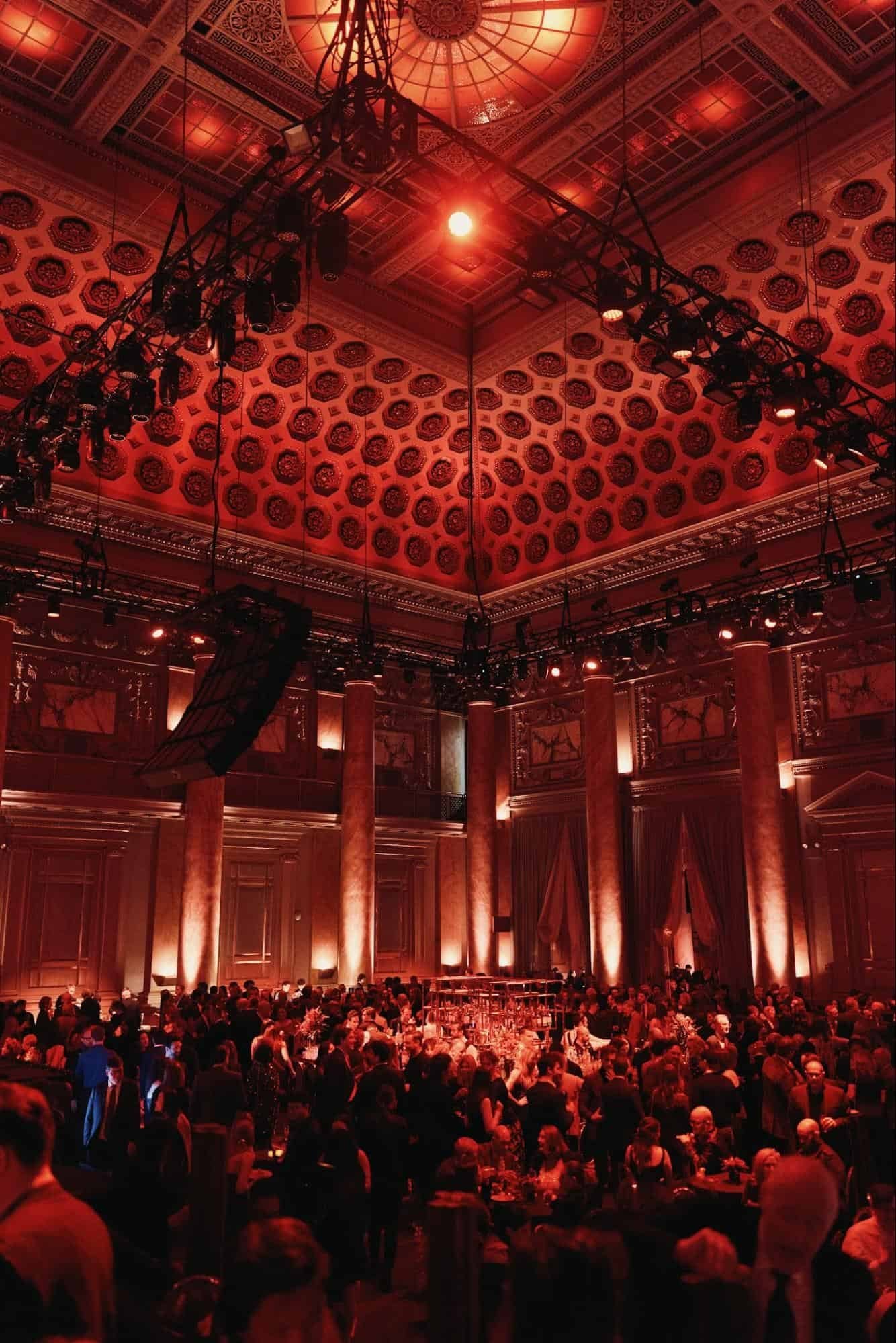 White Room's coffered ceiling over a gala crowd