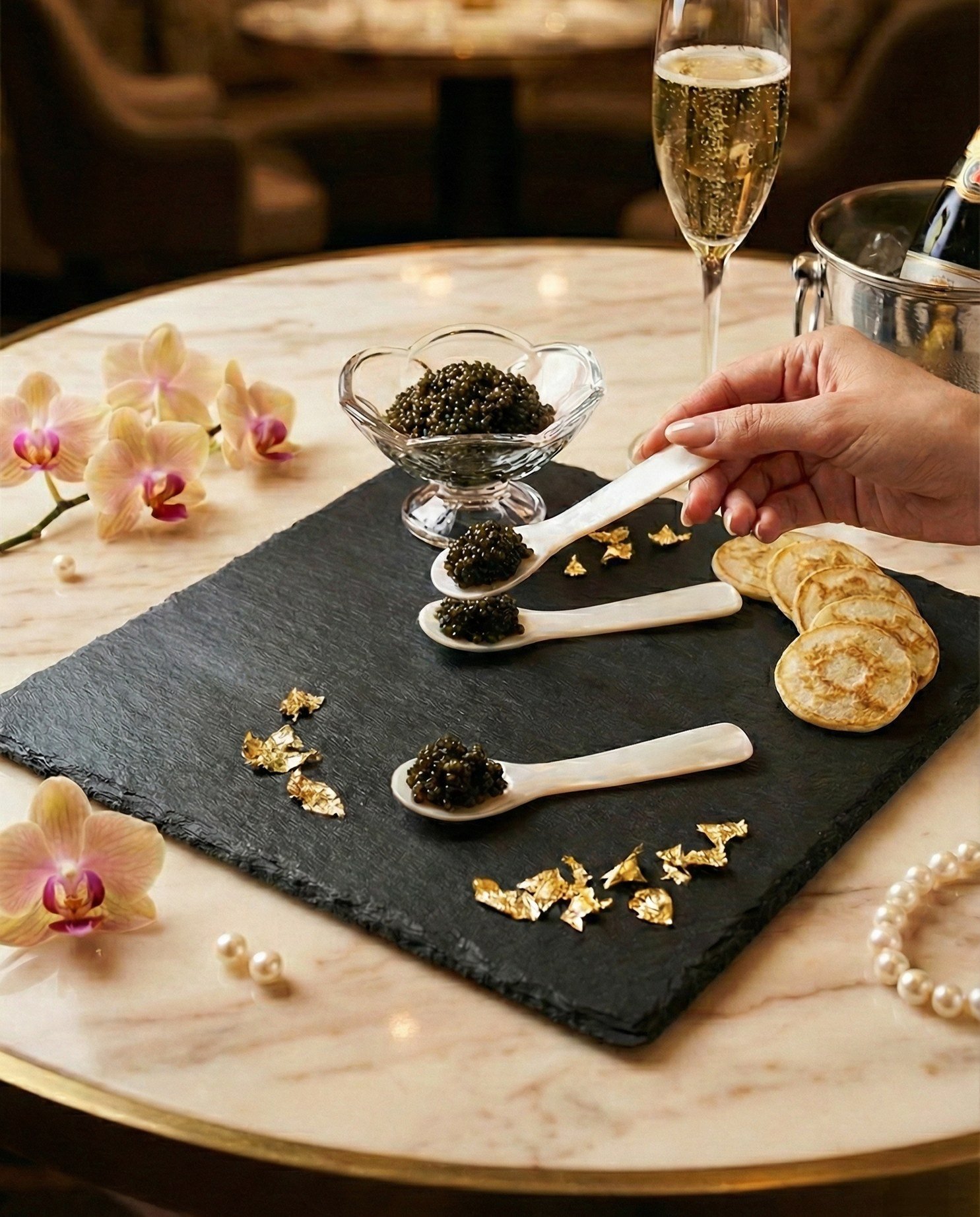Caviar on mother-of-pearl spoons with champagne